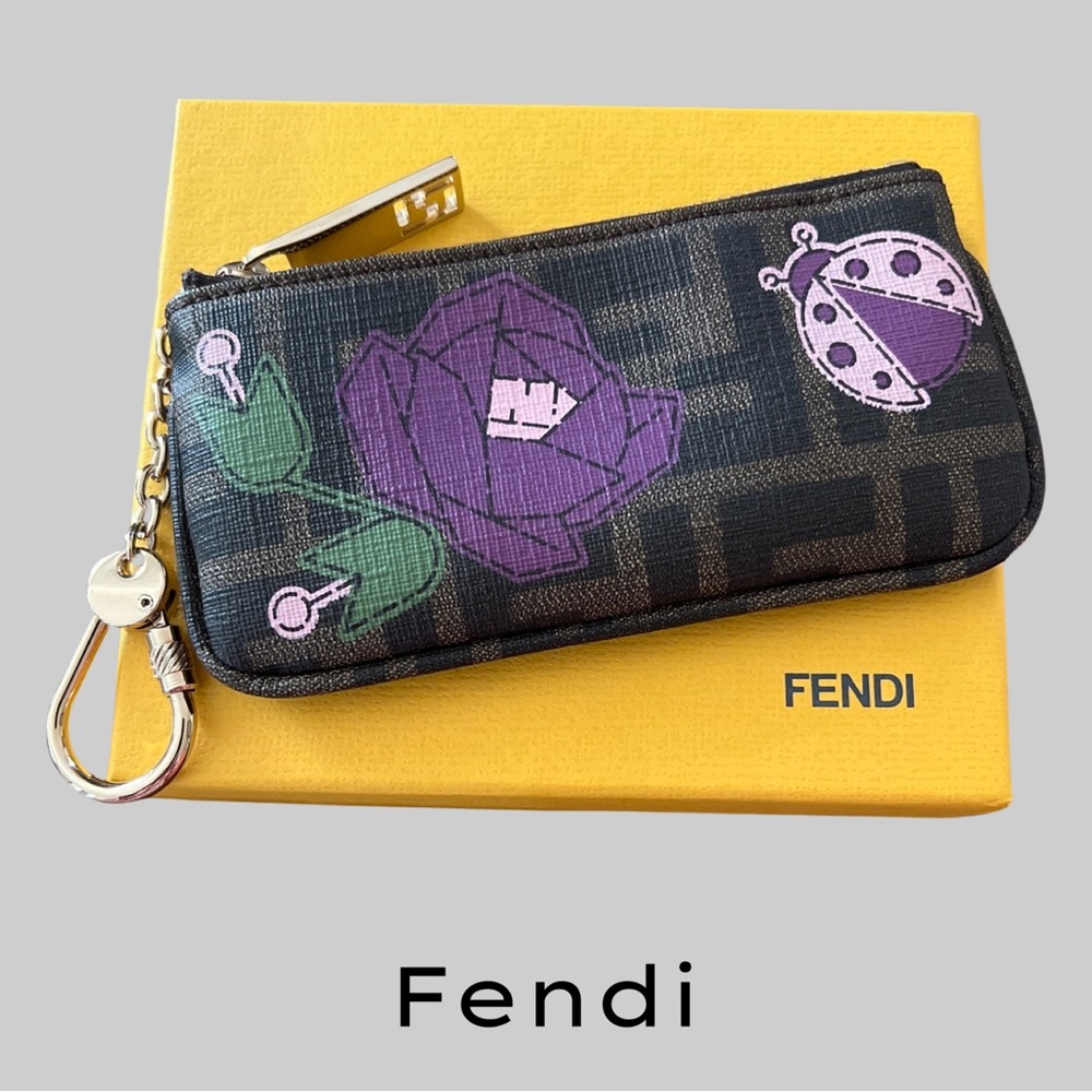 NWT FENDI ZUCCA SPALMATI ROSE & LADYBUG LIMITED EDITION MINI ZIP KEYRING WALLET